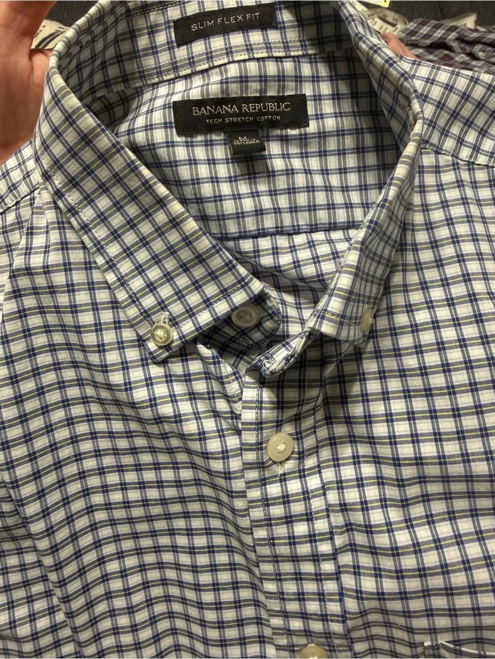 Banana Republic Men's White and Blue Check Button-Down Shirt